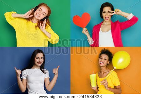 Set Of Beautiful Happy Girls Emotional Portraits. Positive And Female Feelings. Young Women Grimacin