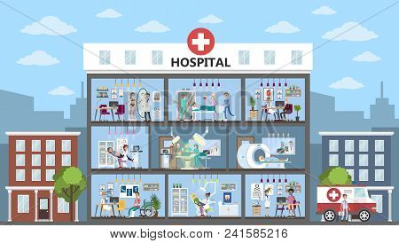 Hospital City Building Interior Rooms With Doctors And Patients.