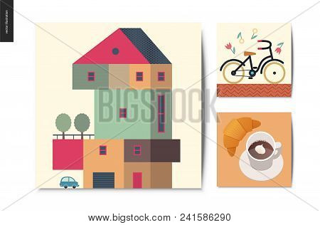 Simple Things - Postcards - Flat Cartoon Vector Illustration Of Set Of Countryside Four Storey House