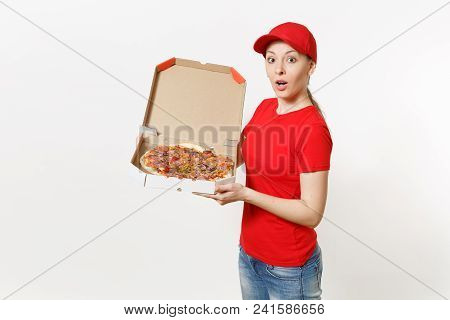 Delivery Woman In Red Uniform Isolated On White Background. Pretty Female In Cap, T-shirt, Jeans Wor