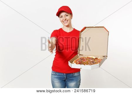 Delivery Woman In Red Uniform Isolated On White Background. Pretty Female In Cap, T-shirt, Jeans Wor
