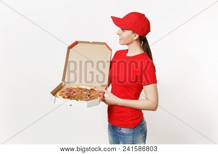 Delivery Woman In Red Uniform Isolated On White Background. Pretty Female In Cap, T-shirt, Jeans Wor
