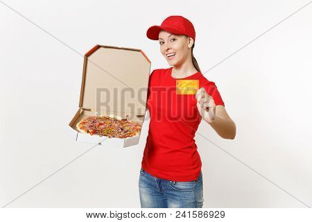 Delivery Woman In Red Uniform Isolated On White Background. Female In Cap, T-shirt, Jeans Working As