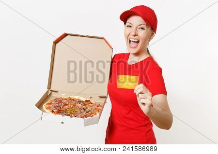 Delivery Woman In Red Uniform Isolated On White Background. Female In Cap, T-shirt, Jeans Working As