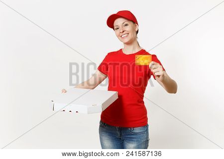 Delivery Woman In Red Uniform Isolated On White Background. Female In Cap, T-shirt, Jeans Working As