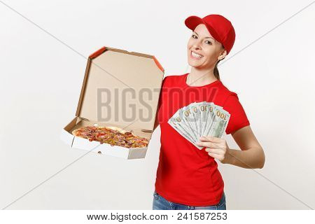 Delivery Woman In Red Uniform Isolated On White Background. Female In Cap, T-shirt, Jeans Working As