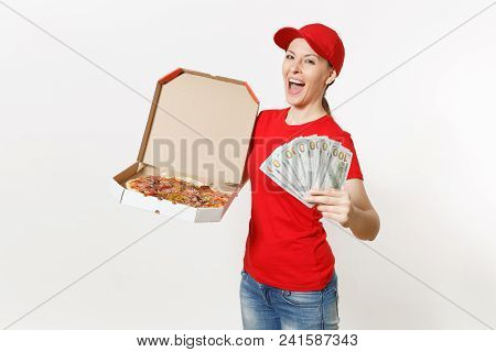 Delivery Woman In Red Uniform Isolated On White Background. Female In Cap, T-shirt, Jeans Working As