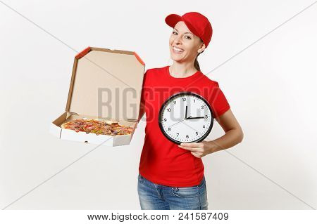 Delivery Woman In Red Uniform Isolated On White Background. Pretty Female In Cap, T-shirt, Jeans Wor