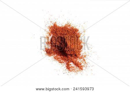 Crushed Red Pepper Chilli Pile From Top On White Background. Still Life. Flat Lay. Copy Space. Spice