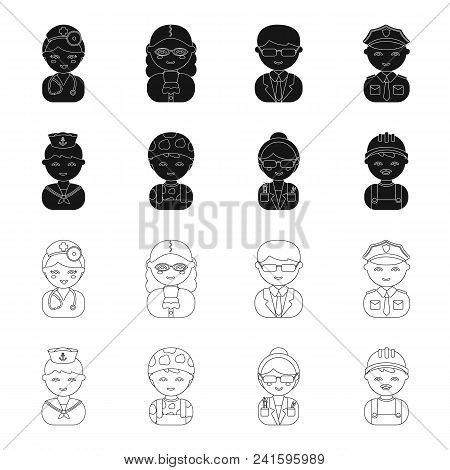 Sailor, Soldier, Scientist, Builder.profession Set Collection Icons In Black, Outline Style Vector S