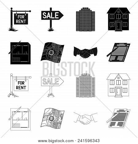 House Plan, Documents For Signing, Handshake, Terrain Plan. Realtor Set Collection Icons In Black, O