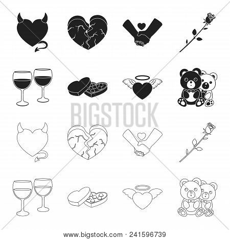 Glasses With Wine, Chocolate Hearts, Bears, Valentine.romantik Set Collection Icons In Black, Outlin