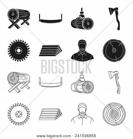 Circular Saw, A Working Carpenter, A Stack Of Logs. A Sawmill And Timber Set Collection Icons In Bla