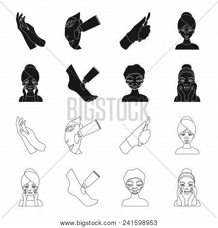 Face Care, Plastic Surgery, Face Wiping, Moisturizing The Feet. Skin Care Set Collection Icons In Bl