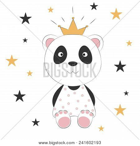 Cute Panda Princess On A Light Background With Stars. Sweet Kids Graphics For T-shirts. Greeting Car