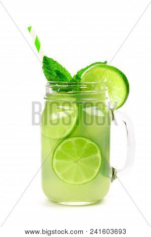 Limeade And Mint In A Mason Jar Glass With Straw Isolated On A White Background