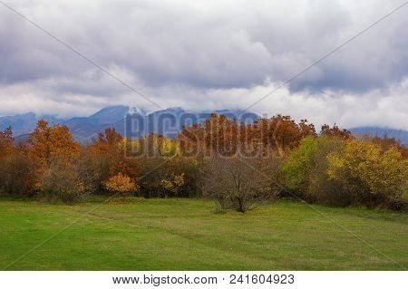 Autumn Cloudy Landscape With Green Field And Colorful Forest.  Bosnia And Herzegovina, Republika Srp