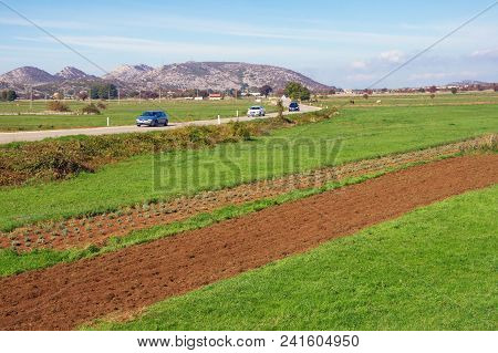 Fields And Pastures In The Valley Of The Dinaric Alps On A Sunny Day.  Bosnia And Herzegovina, Repub