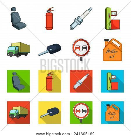 Truck With Awning, Ignition Key, Prohibitory Sign, Engine Oil In Canister, Vehicle Set Collection Ic