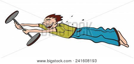 Happy Young Man Flying With A Dumbbell