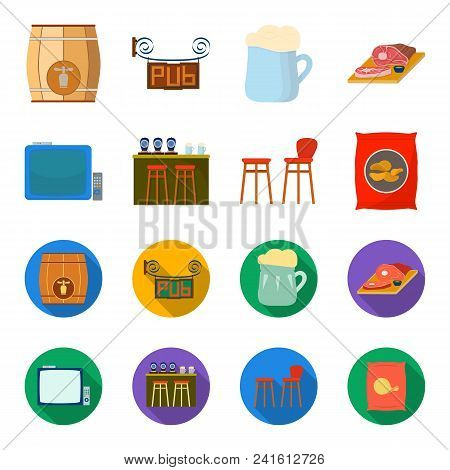 Tv, Bar Counter, Chairs And Armchairs, Potato Chips.pub Set Collection Icons In Cartoon, Flat Style 