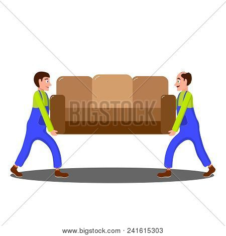 Collective Work When Loading Furniture. The Loaders Carry The Sofa.