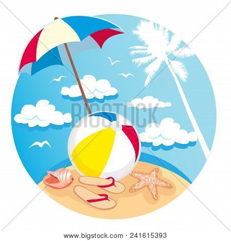 Summer Time Vector Banner Design With Colorful Beach Elements In White Background. Vector Illustrati