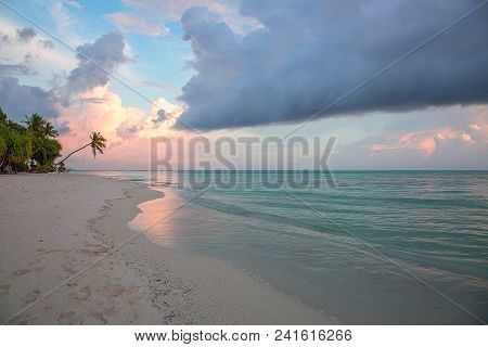 Beautiful View Of Coast Line Of Indian Ocean, Maldives. White Sand Beach, Turquoise Water And Green 