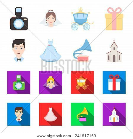 Wedding Dress, Groom, Gramophone, Church. Wedding Set Collection Icons In Cartoon, Flat Style Vector