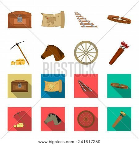 Pickax Hoe, Horse Head, Wheel Cart, Quiver With Arrows.wild West Set Collection Icons In Cartoon, Fl