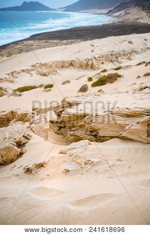 Surreal Sand Rocky Stone In The Dune On The Atlantic Coastline On Baia Das Gatas. North Of Calhau, S