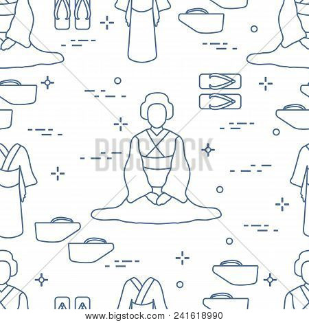 Seamless Pattern With Asian Woman, Traditional Japanese Clothing, Shoes. Travel And Leisure.