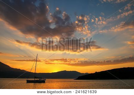 Sunrise Over Peljesac Peninsula And Peljeski Strait Seen From Korcula, Croatia.