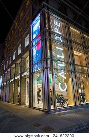 MILAN, ITALY - CIRCA NOVEMBER, 2018: shop windows display of clothing at a store in Milan, Italy.