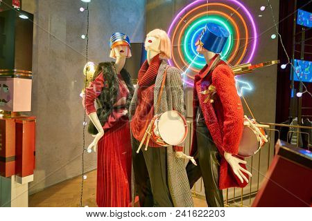 MILAN, ITALY - CIRCA NOVEMBER, 2018: shop window display of clothing at iBlues store in Milan, Italy.