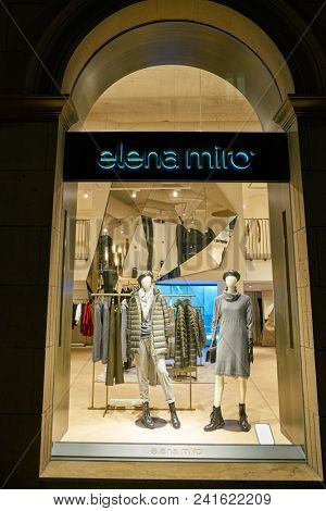 MILAN, ITALY - CIRCA NOVEMBER, 2018: shop window display of clothing at a Elena Miro store in Milan, Italy.