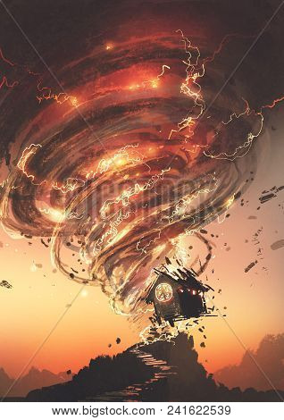 Red Tornado With Lightning Destroying The Little Old House, Digital Art Style, Illustration Painting