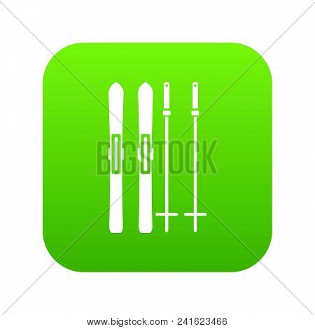 Skis And Ski Poles Icon Digital Green For Any Design Isolated On White Vector Illustration