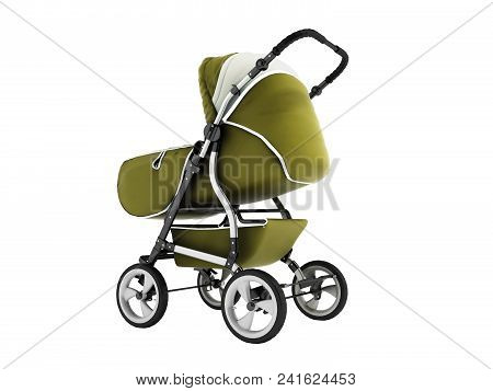 Modern Baby Carriage With Dome Against Rain And Wind Green 3d Render On White Background No Shadow