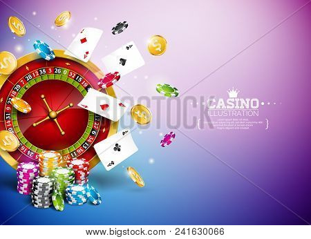 Casino Illustration With Roulette Wheel, Falling Gold Coins And Playing Chips On Blue Background. Ve