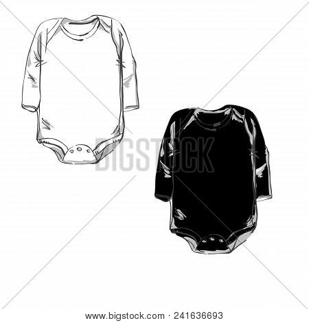 Front Part Baby Body Clothes In Black And White Colors Technical Sketch.basic