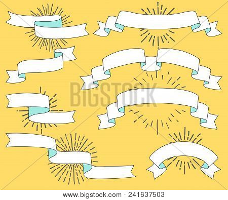 Set Of Old Vintage Ribbon Banners And Drawing In Engraving Style. Ivitation Design Element With Sunb