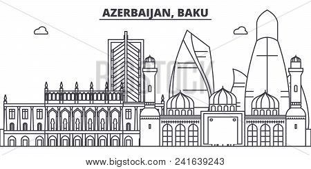 Azerbaijan, Baku Line Skyline Vector Illustration. Azerbaijan, Baku Linear Cityscape With Famous Lan