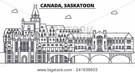 Canada, Saskatoon Line Skyline Vector Illustration. Canada, Saskatoon Linear Cityscape With Famous L