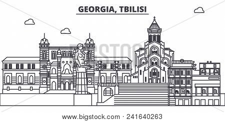 Georgia, Tbilisi Line Skyline Vector Illustration. Georgia, Tbilisi Linear Cityscape With Famous Lan
