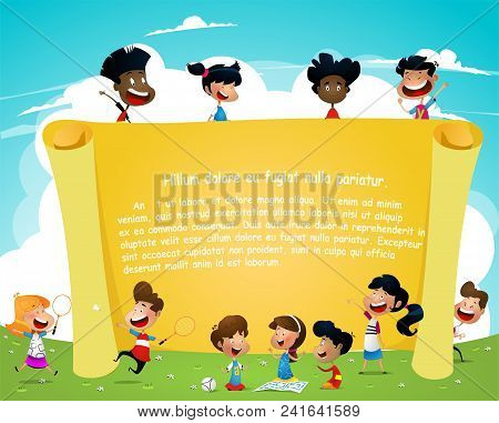 Cute Multiracial Children Holding Blank Paper For Taxt Message. Good For Advertising Brochure. Layer