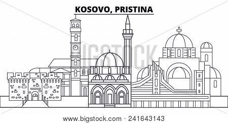 Kosovo, Pristina Line Skyline Vector Illustration. Kosovo, Pristina Linear Cityscape With Famous Lan