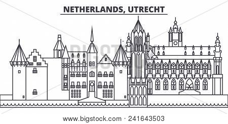 Netherlands, Utrecht Line Skyline Vector Illustration. Netherlands, Utrecht Linear Cityscape With Fa