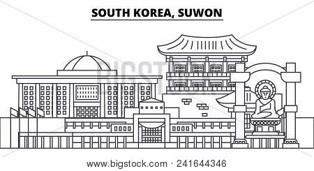 South Korea, Suwon Line Skyline Vector Illustration. South Korea, Suwon Linear Cityscape With Famous