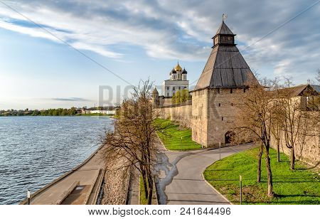 View Of The Pskov Krom Or Kremlin From The Velikaya River At Sunset, Russia